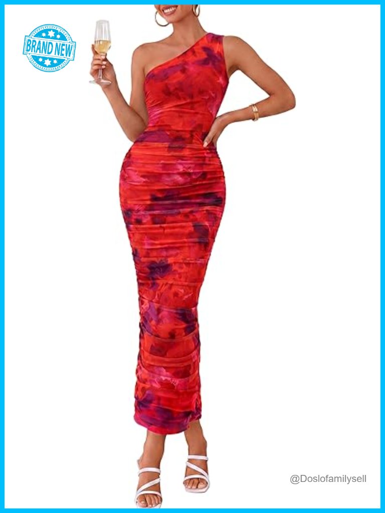 Womens One Shoulder Ruched Bodycon Maxi Dress Mesh Party Cocktail